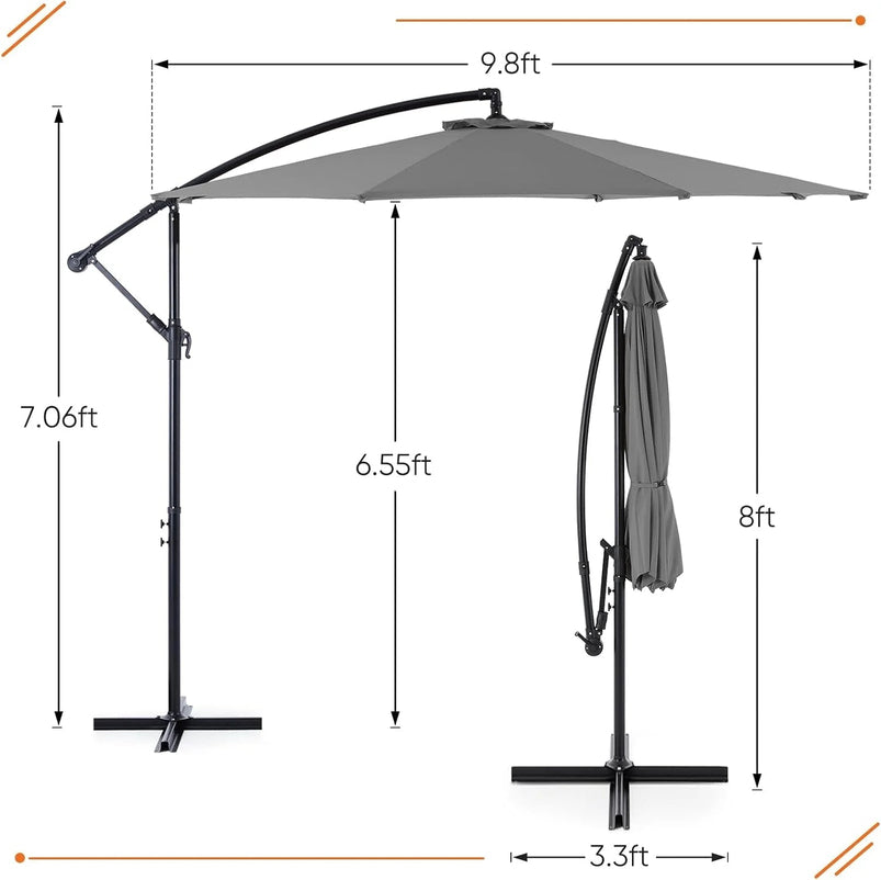 9.8FT Offset Patio Umbrella Hanging Cantilever Umbrella Outdoor Sun Shade with Easy Tilt Adjustment, 8 Ribs, UV Protection for Backyard, Lawn