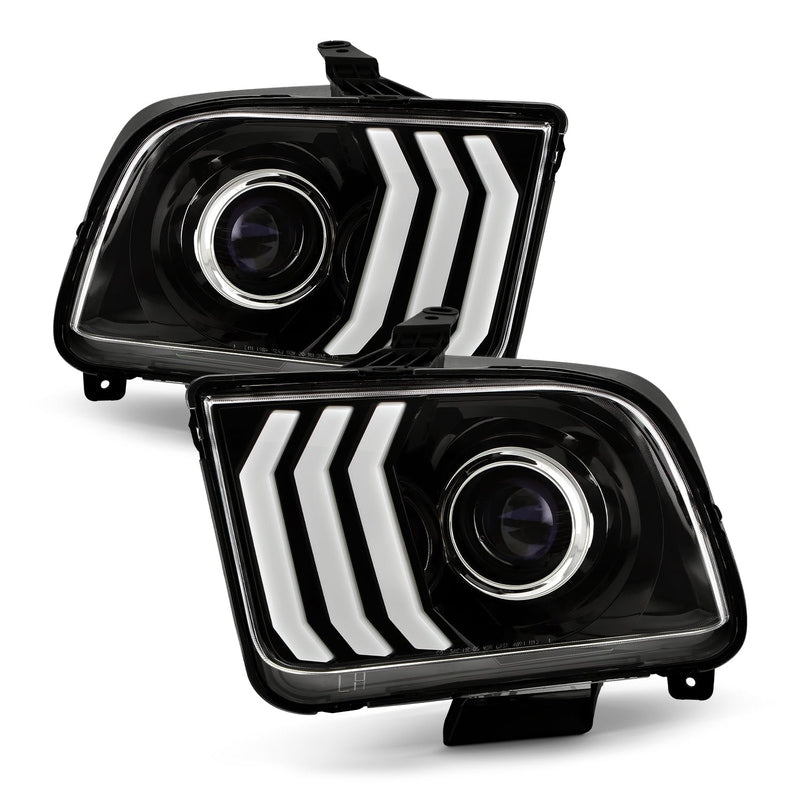 Akkon, Fits 2005-2009 Ford Mustang LED Tube Drl Parking Halogen Type Projector Black Headlights Pair Driver Plus Passenger