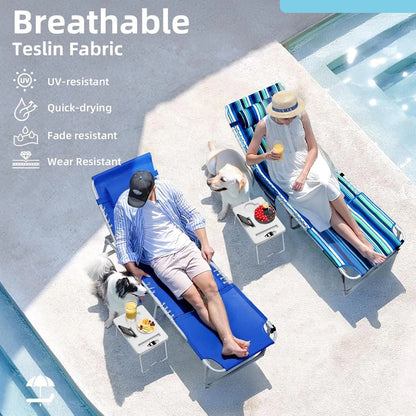 3-in-1 Outdoor Sun Tanning Lounge Chair with Face Hole 5-Position Recliner, Folding Side Table and Removable Pillow, 330lbs Capacity, Blue