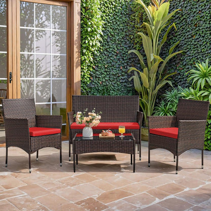 4 Pieces Patio Rattan Chair Wicker, Outdoor Indoor Use Backyard Porch Garden Poolside Balcony Furniture Sets Red