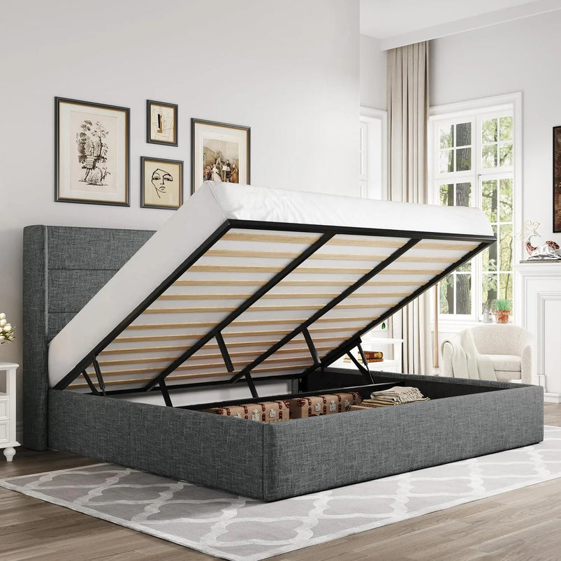 Allewie Queen Size Lift up Storage Bed, Modern Wingback Headboard, Hydraulic Support, Light Beige