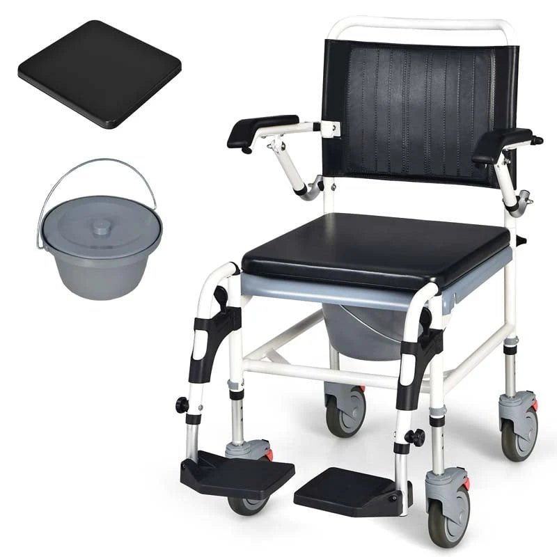 4 in 1 Bedside Commode Chair Shower Wheelchair with Detachable Bucket Padded Mobile Toilet Chair, Comfortable and Ergonomic Design