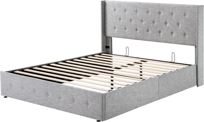 Allewie Queen Size Lift up Storage Bed, Modern Wingback Headboard, Hydraulic Support, Light Beige