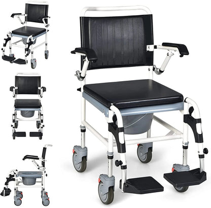 4 in 1 Bedside Commode Chair Shower Wheelchair with Detachable Bucket Padded Mobile Toilet Chair, Comfortable and Ergonomic Design