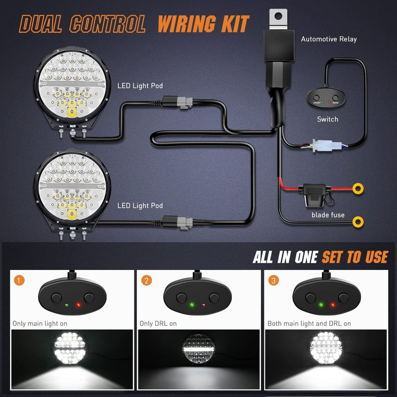 9-Inch Round Off-Road LED Drive Light, 2PCS 140W 15560LM IP68 Multi-Point Floodlight Combination Work Light