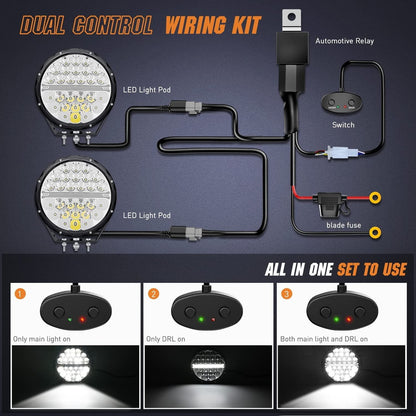 9-Inch Round Off-Road LED Drive Light, 2PCS 140W 15560LM IP68 Multi-Point Floodlight Combination Work Light