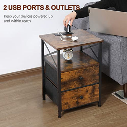 Amhancible Night Stand Set 2, Nightstand with Charging Station