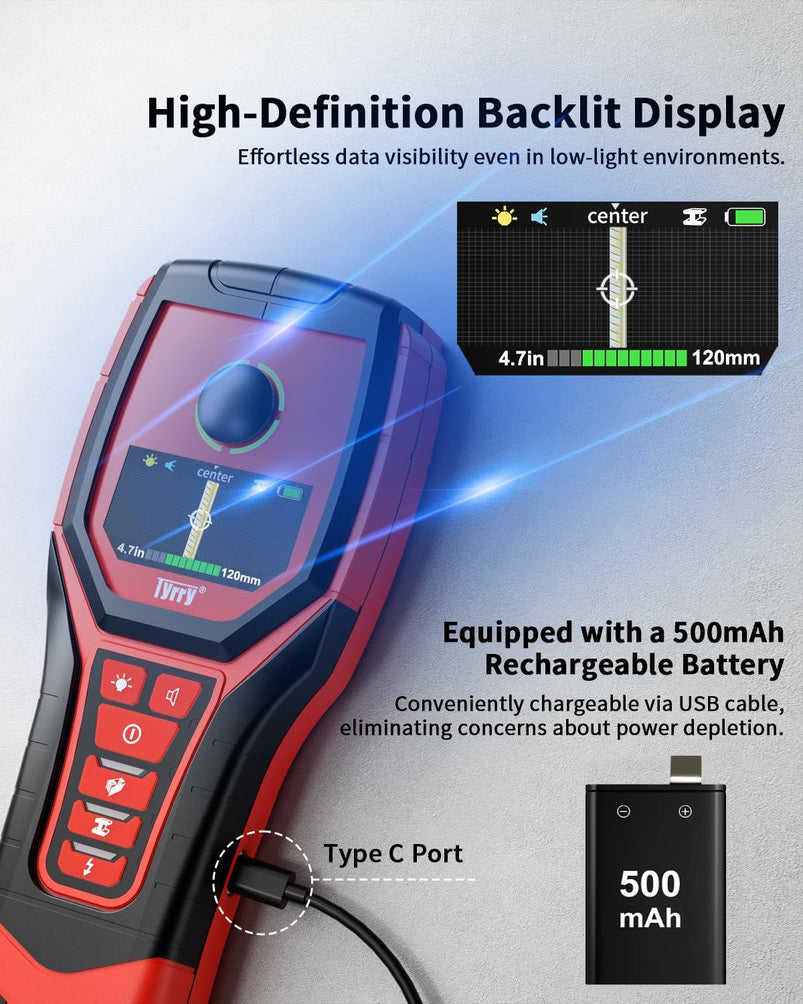 5 in 1 Stud Finder Wall Scanner Rechargeable with 9 Sensors for Precise Center and Edge of AC Wire Magnetic Metal Joist Wood Pipe Detection