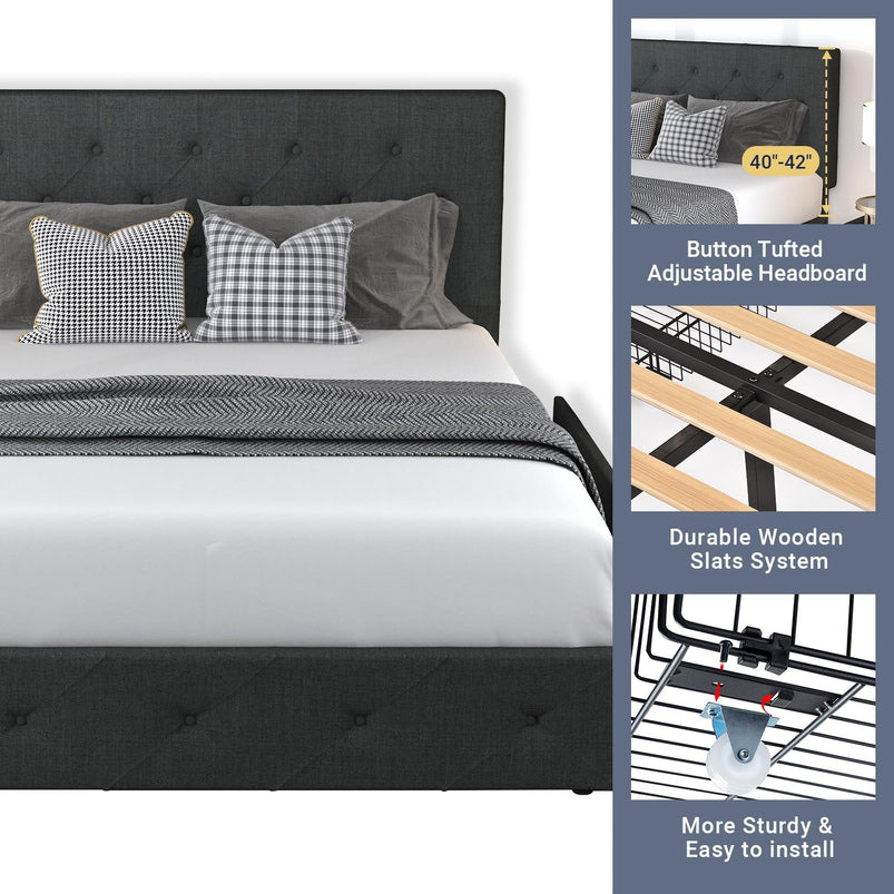 Allewie Upholstered Queen Size Platform Bed Frame with 4 Storage Drawers and Headboard, Square Stitched Button Tufted