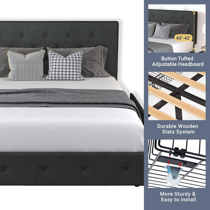 Allewie Upholstered Queen Size Platform Bed Frame with 4 Storage Drawers and Headboard, Square Stitched Button Tufted
