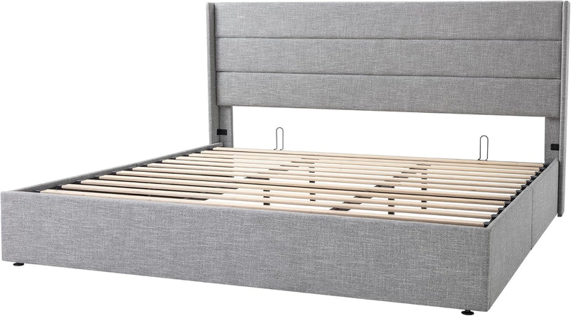 Allewie Queen Size Lift up Storage Bed, Modern Wingback Headboard, Hydraulic Support, Light Beige