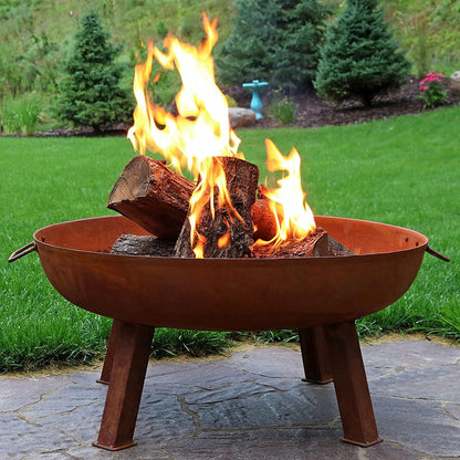 34-Inch Rustic Cast Iron Outdoor Raised Fire Pit Bowl with Handles, Oxidized Finish