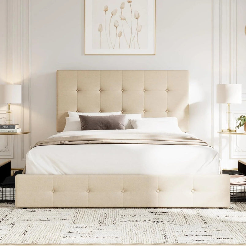 Allewie Upholstered Queen Size Platform Bed Frame with 4 Storage Drawers and Headboard, Square Stitched Button Tufted
