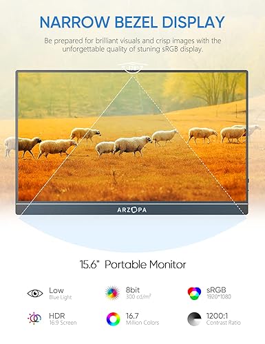 Arzopa Portable Monitor, 15.6 in 1080P FHD Laptop Monitor USB C HDMI Computer Display Hdr Eye Care