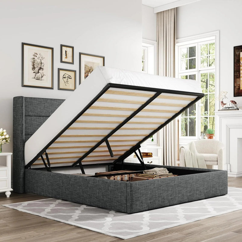 Allewie Queen Size Lift up Storage Bed, Modern Wingback Headboard, Hydraulic Support, Light Beige
