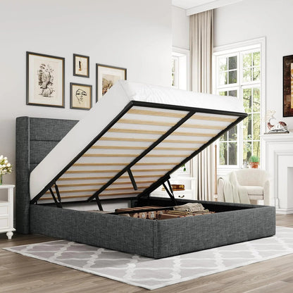 Allewie Queen Size Lift up Storage Bed, Modern Wingback Headboard, Hydraulic Support, Light Beige