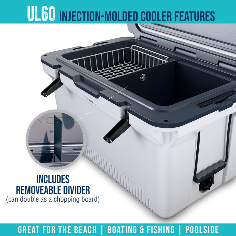 60 QT Ultra-Light Injection Molded Cooler, Ice Chest Keeps Ice up to 7 Days, Large Cooler Includes Wire Basket, Divider and Built-in Bottle Opener