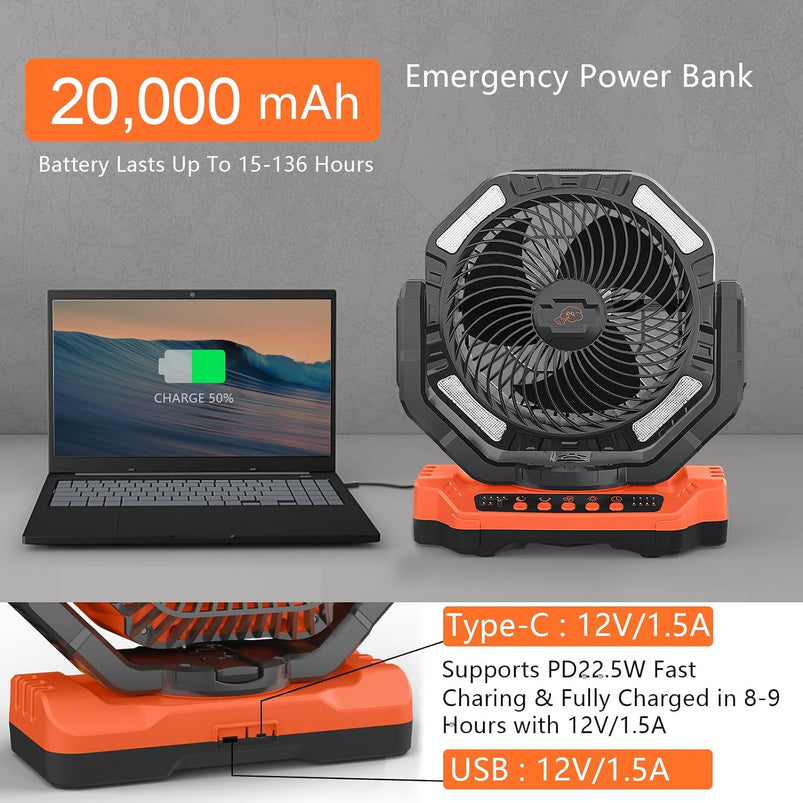 40, 000mAh Battery Operated Fan, 13" Remote Camping Fan with LED Auto-Oscillating Rechargeable Fan Powerful Portable Desk Fan for Home, Camping, RV