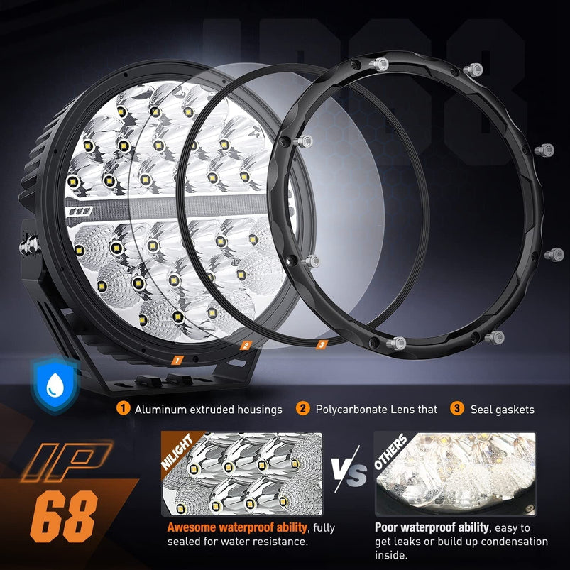 9-Inch Round Off-Road LED Drive Light, 2PCS 140W 15560LM IP68 Multi-Point Floodlight Combination Work Light
