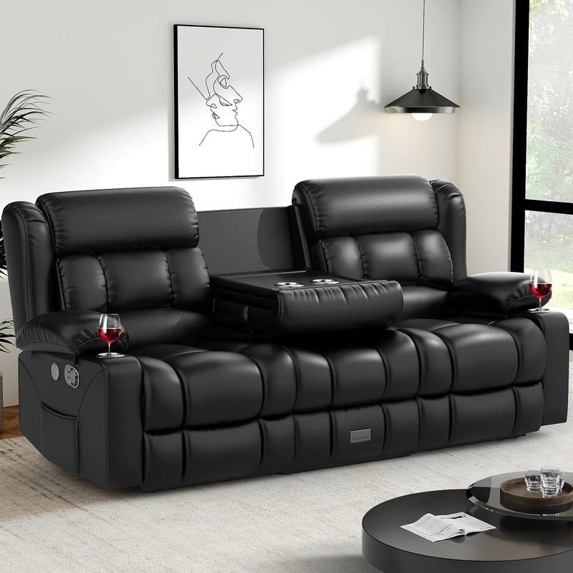 3 Seat Reclining Sofa with Storage Drawer USB Ports and Cup Holders Manual Couch