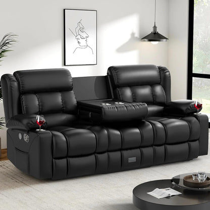 3 Seat Reclining Sofa with Storage Drawer USB Ports and Cup Holders Manual Couch