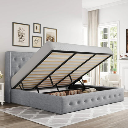 Allewie Queen Size Lift up Storage Bed, Modern Wingback Headboard, Hydraulic Support, Light Beige