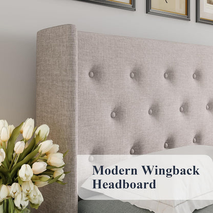 Allewie Queen Size Lift up Storage Bed, Modern Wingback Headboard, Hydraulic Support, Light Beige
