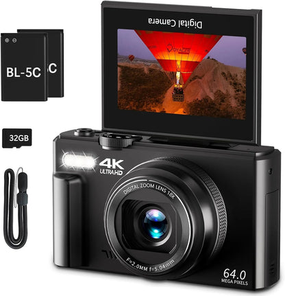 4K Digital Camera for Photography, 64MP Vlogging Camera for Youtube with 3" 180 Degree Flip Screen