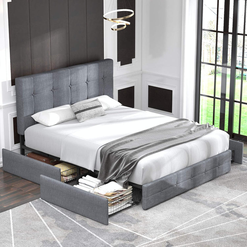 Allewie Upholstered Queen Size Platform Bed Frame with 4 Storage Drawers and Headboard, Square Stitched Button Tufted