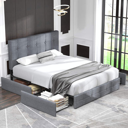 Allewie Upholstered Queen Size Platform Bed Frame with 4 Storage Drawers and Headboard, Square Stitched Button Tufted