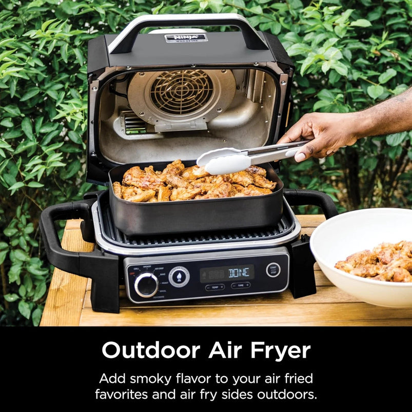 7-in-1 Grill and Smoker with Thermometer, Air Fryer, BBQ, Bake, Roast, Broil, Portable Electric Outdoor Grill, Grey