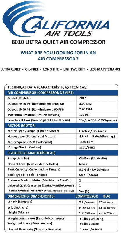 Air Tools 8010 Ultra Quiet Oil-Free Air Compressor, 1.0 HP, 8 Gallon, 120 PSI, 60 Db Noise Level