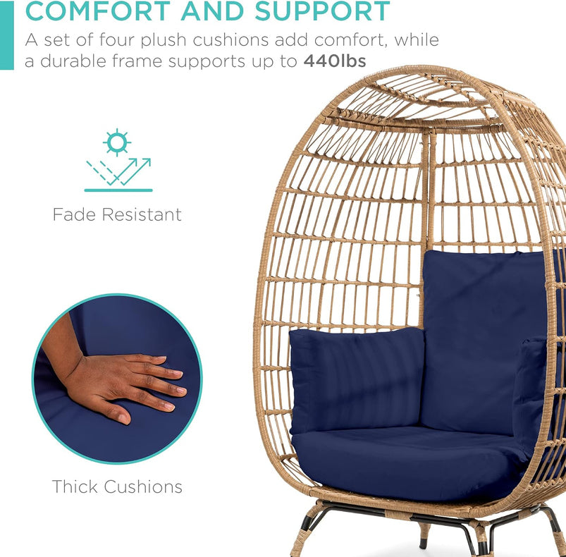 Best Choice Products Wicker Egg Chair, Oversized Indoor Outdoor Lounger for Patio, Backyard, Living Room W/ 4 Cushions, Steel Frame, 440lb Capacity