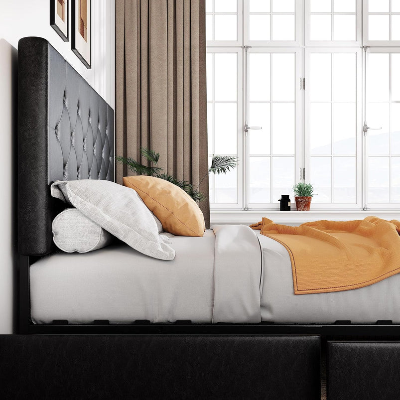 Allewie Upholstered Queen Size Platform Bed Frame with 4 Storage Drawers and Headboard, Square Stitched Button Tufted