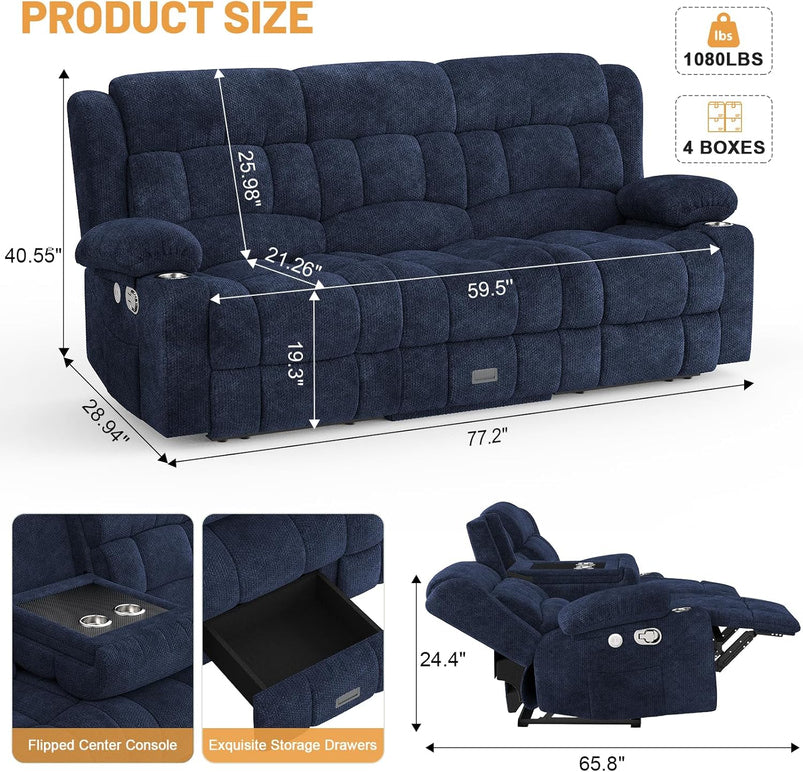 3 Seat Reclining Sofa with Storage Drawer USB Ports and Cup Holders Manual Couch