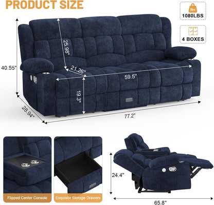 3 Seat Reclining Sofa with Storage Drawer USB Ports and Cup Holders Manual Couch