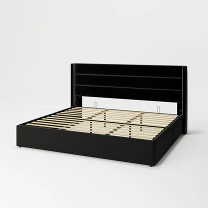 Allewie Queen Size Lift up Storage Bed, Modern Wingback Headboard, Hydraulic Support, Light Beige