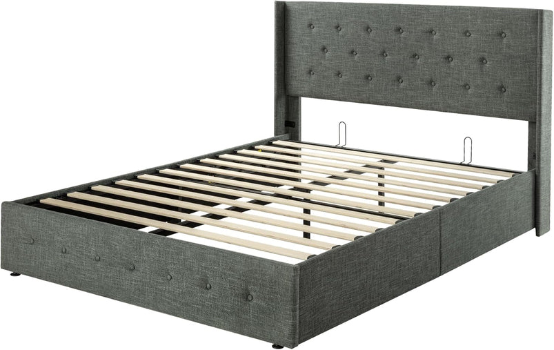Allewie Queen Size Lift up Storage Bed, Modern Wingback Headboard, Hydraulic Support, Light Beige