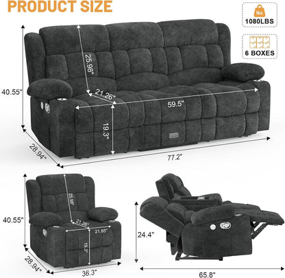 3 Seat Reclining Sofa with Storage Drawer USB Ports and Cup Holders Manual Couch