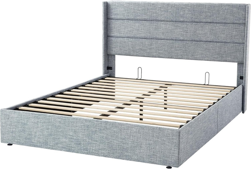 Allewie Queen Size Lift up Storage Bed, Modern Wingback Headboard, Hydraulic Support, Light Beige