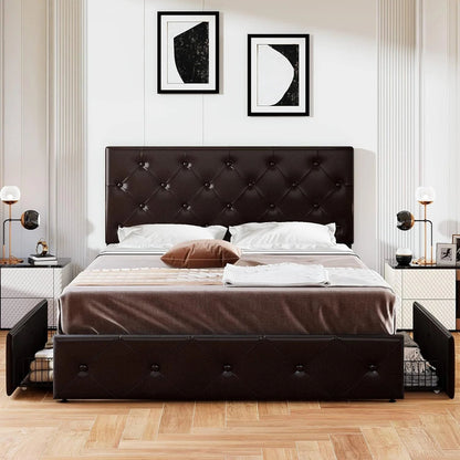Allewie Upholstered Queen Size Platform Bed Frame with 4 Storage Drawers and Headboard, Square Stitched Button Tufted