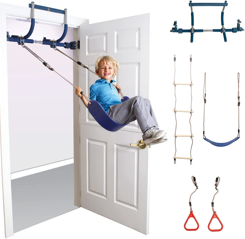 6 Piece Indoor Doorway Gym Set for Kids, Indoor Swing for Kids Includes Kids Swing Chair, Rings, Hanging Trapeze, Ladder, Swinging Rope and Pullup Bar
