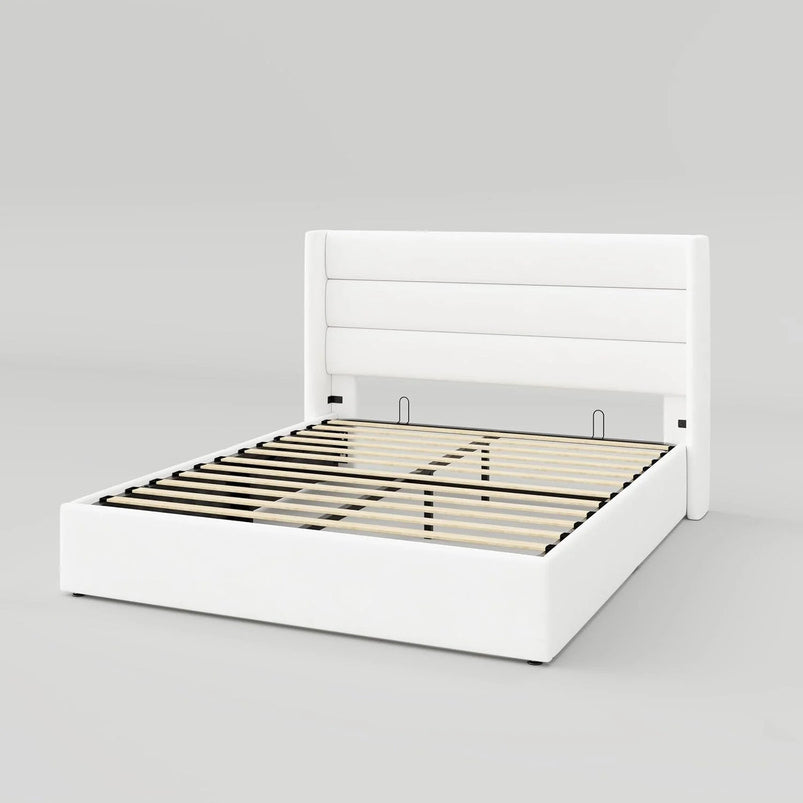 Allewie Queen Size Lift up Storage Bed, Modern Wingback Headboard, Hydraulic Support, Light Beige