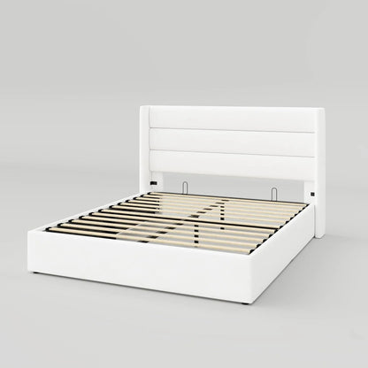Allewie Queen Size Lift up Storage Bed, Modern Wingback Headboard, Hydraulic Support, Light Beige