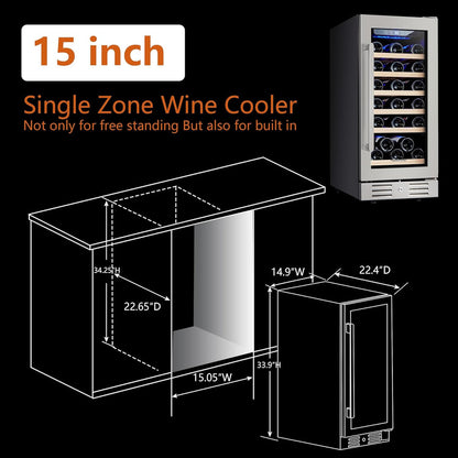 24 Inch Wine Cooler, 46 Bottle, Dual Zone Built-in or Freestanding Fridge with Stainless Steel Reversible Glass Door, for Home, Kitchen, or Office