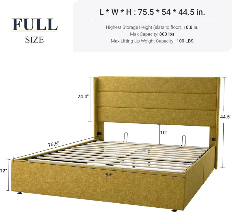 Allewie Queen Size Lift up Storage Bed, Modern Wingback Headboard, Hydraulic Support, Light Beige