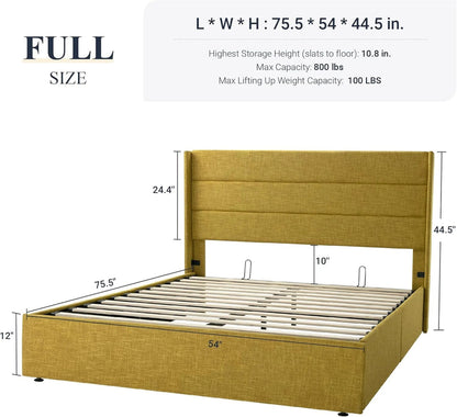 Allewie Queen Size Lift up Storage Bed, Modern Wingback Headboard, Hydraulic Support, Light Beige