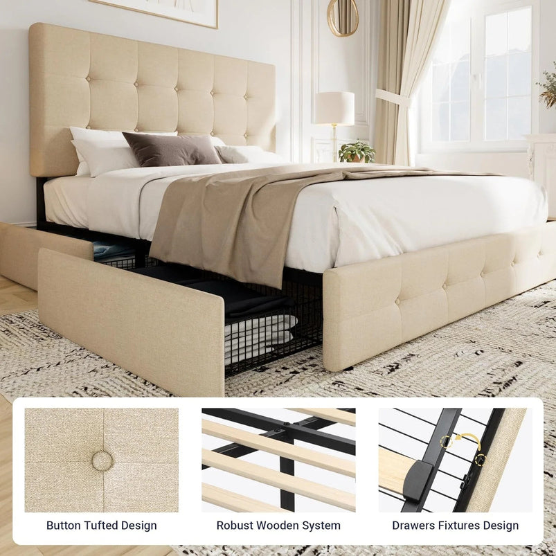 Allewie Upholstered Queen Size Platform Bed Frame with 4 Storage Drawers and Headboard, Square Stitched Button Tufted