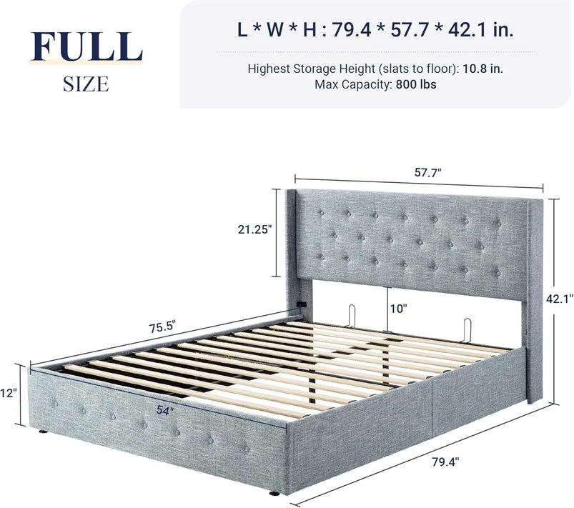 Allewie Queen Size Lift up Storage Bed, Modern Wingback Headboard, Hydraulic Support, Light Beige