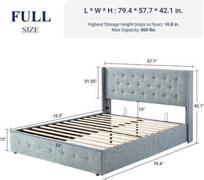 Allewie Queen Size Lift up Storage Bed, Modern Wingback Headboard, Hydraulic Support, Light Beige